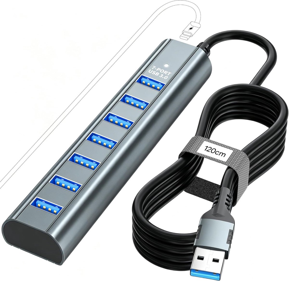 Thijox - 7-poorts USB hub voor snel opladen en datatransfer, USB 3.0, zwart, ideale oplossing voor thuiswerk, gaming, en multimedia