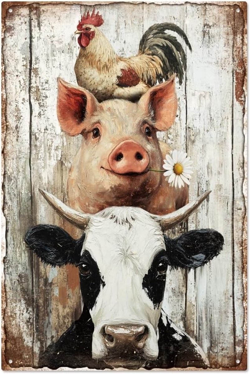 Retro metalen wanddecoratie met varkens, koeien en kippen - 19.8x30cm boerderij dieren kunst voor thuis en tuin, leuk cadeau voor dierenliefhebbers