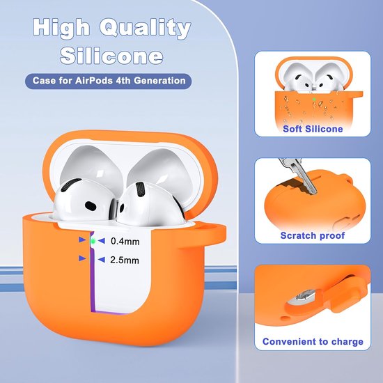 Compatibel met AirPods 4 generatie Case Cover 2024, Militair Klasse Zacht Siliconen, Schokabsorptie Absorptie, compatibel met AirPods 4-hoesje met sleutelhanger en reinigingsset, Oranje van compatibel — afbeelding 2