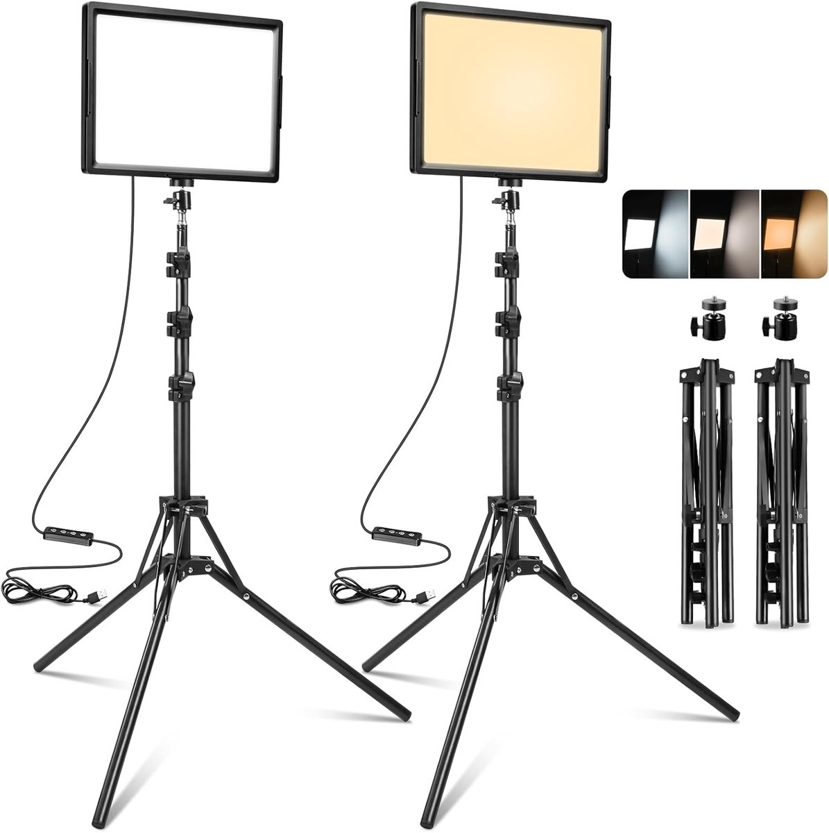 Thijox - LED-continu licht set 2 stuks, dimbaar 2800-6500K, USB foto-videolamp met statief, 173 cm, ideaal voor YouTube, TikTok, livestreaming, selfie