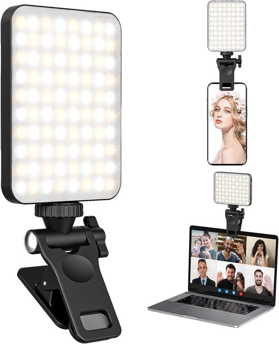 Thijox - Mini Videolamp LED Oplaadbaar Dimbaar Clip-on voor Telefoon Laptop Tablet - Ideaal voor Zoom Conferenties Selfies en Video-opnames