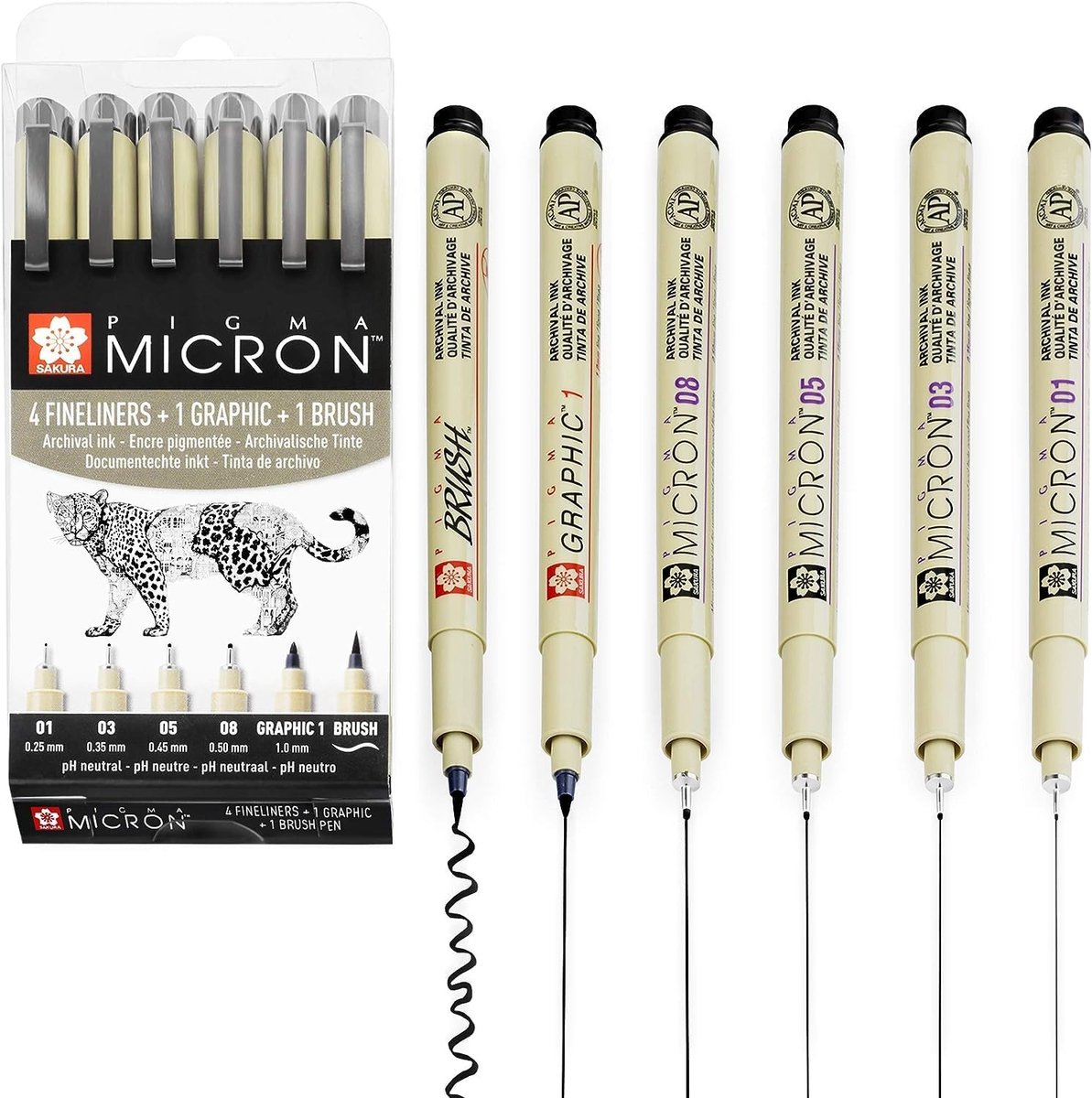 Thijox - Sakura Pigma Micron Fineliner Pigmentstiften Set van 6, Zwarte Inkt, 01/03/05/08/Graphic/Penseel, Perfect voor Tekenen, Schrijven en Creatiev