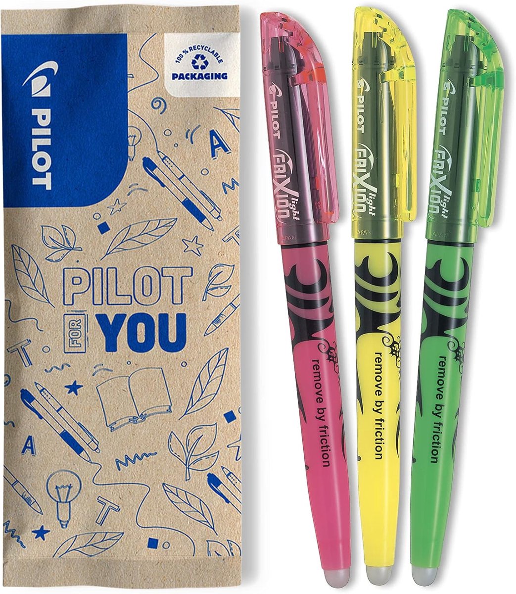 SnelShoppen - Set van 3 Uitwisbare Markeerders - Fluorescerende FriXion Light Stiften met Afgeschuinde Punt - Geel, Groen, Roze - Ideaal voor Studente