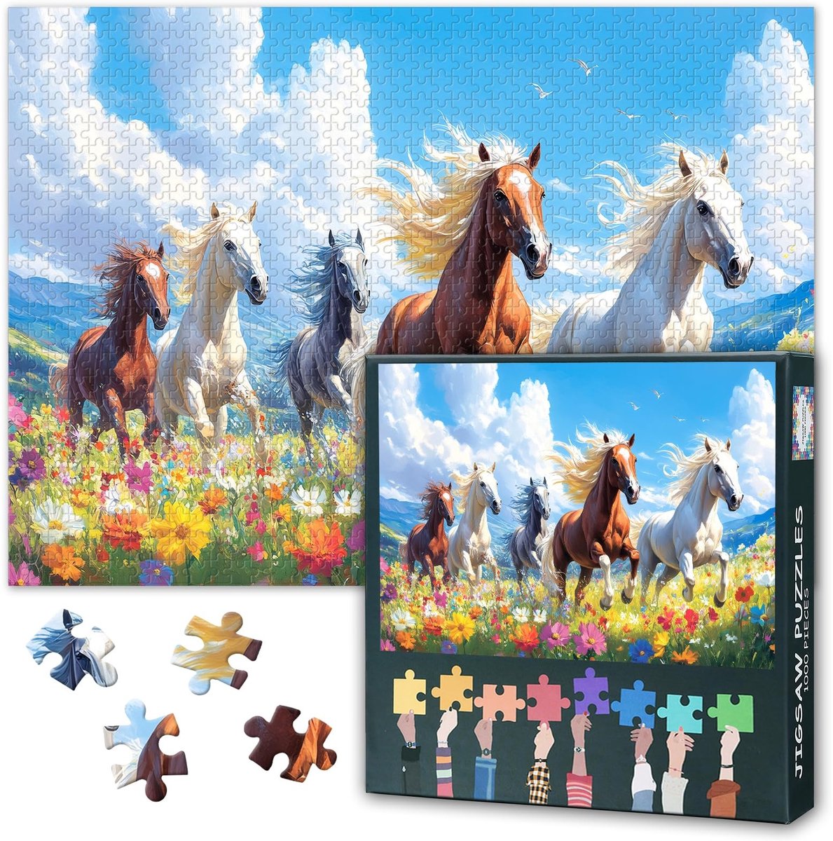 Inovra- Puzzel 1000 stukjes volwassenen - Paardenmotieven - Diermotieven - Bloemenveld-puzzel - Wanddecoratie - 70 x 50 cm - Legpuzzel