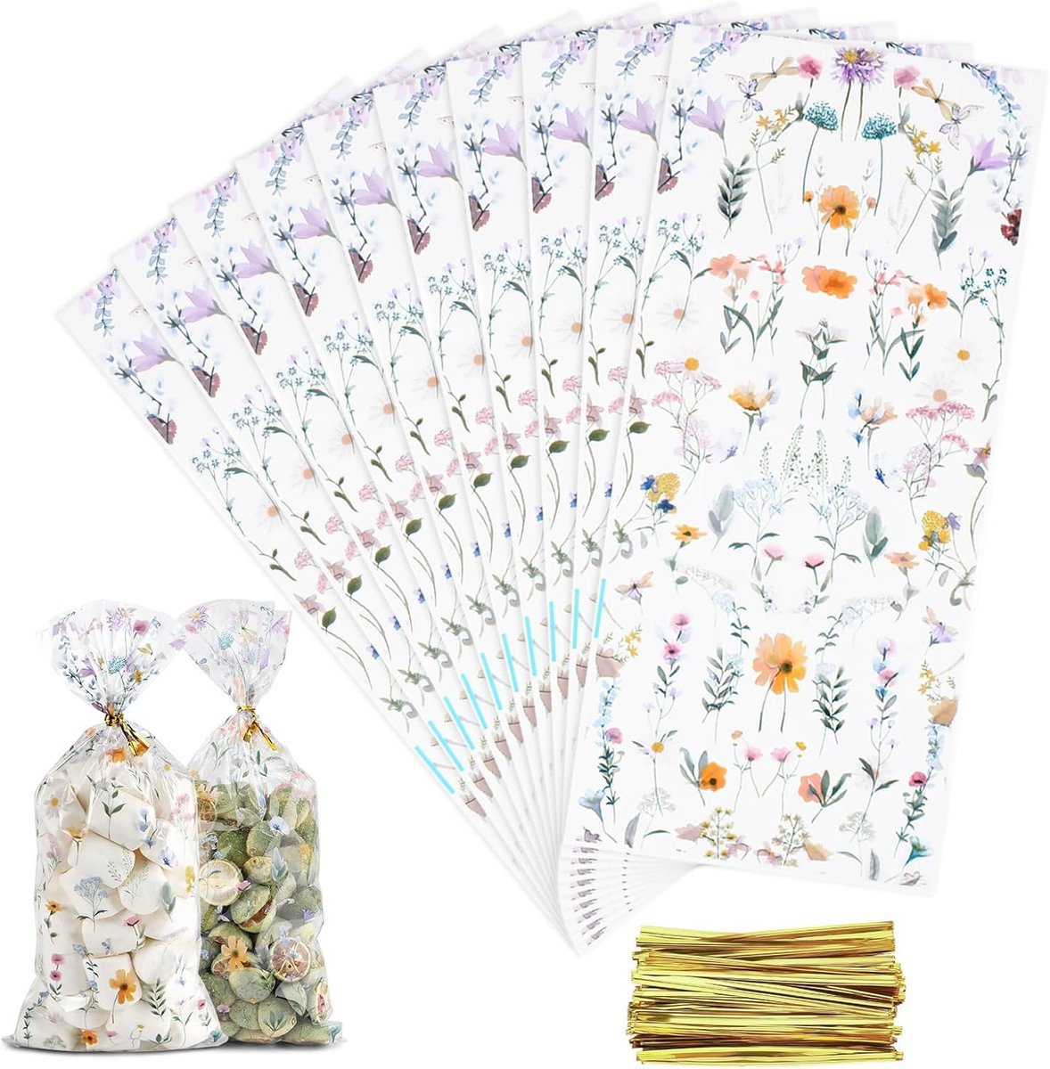 Thijox - 150 stuks Wildflower Cellofaan Traktatiezakjes 12,5 x 27,5 cm Bloemen Snoepzakjes met Twist Ties voor Feest, Bruiloft, Baby Shower en Verjaar