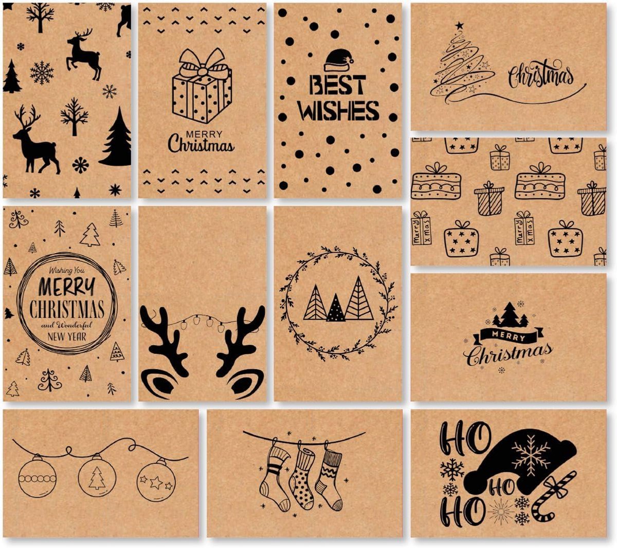 Thijox - Kerst Collectie Wenskaarten Set - 36 Groetenkaarten met 12 Designs - Kraft Papier met Zwarte Bedrukking - Inclusief Enveloppen en Stickers -
