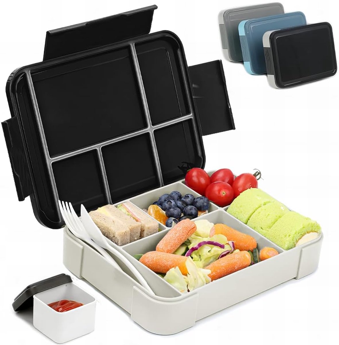 Thijox - Bugucat Lunchbox voor Kinderen, 1330 ml, Lekvrije Broodtrommel met 6 Vakken en Bestekset, Bentobox voor Meisjes en Jongens, Ideaal voor Schoo