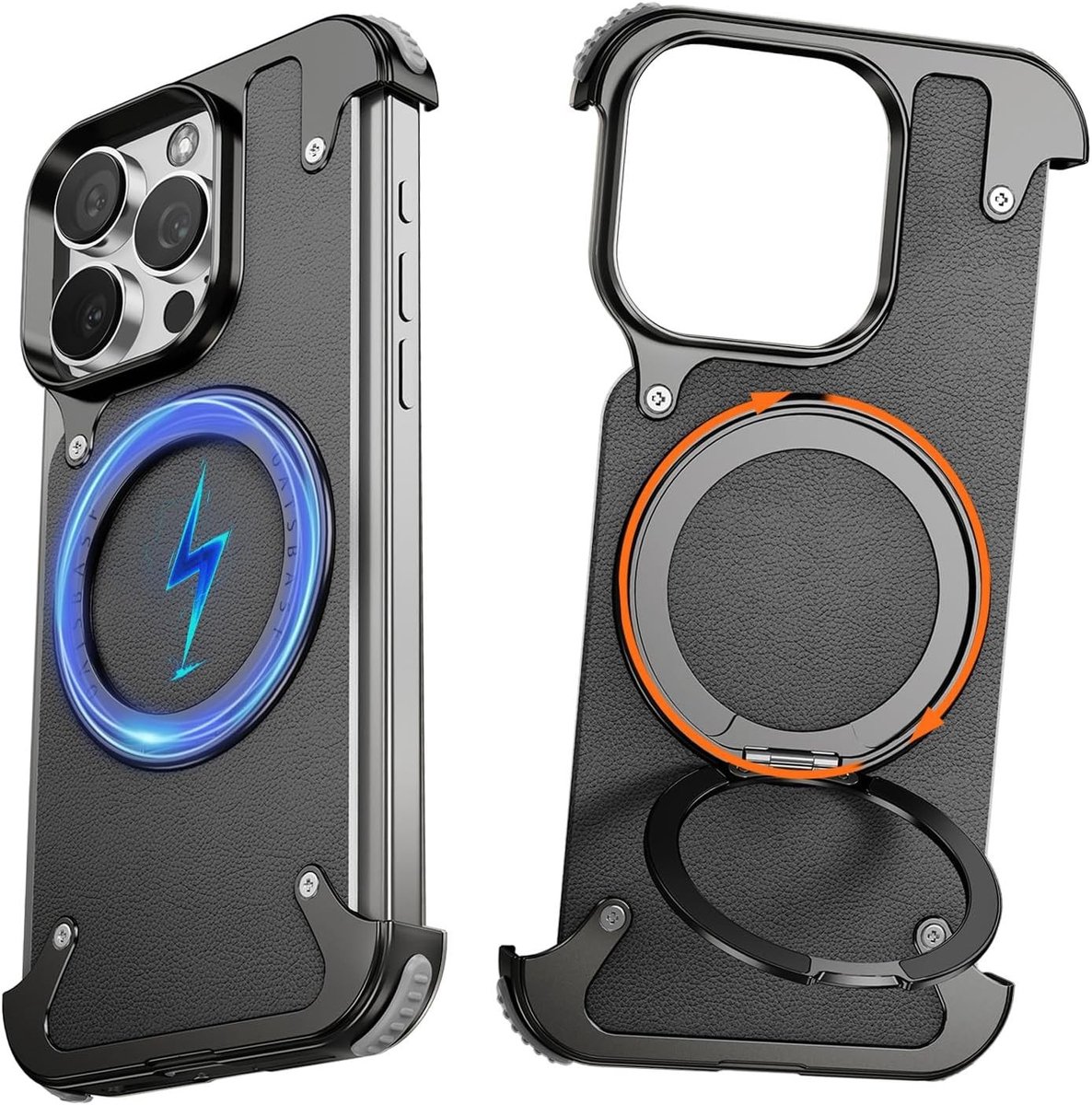 Luxe leren hoes voor iPhone 16 Pro Max met kickstand, 360° draaibare magnetische standaard, anti-vingerafdruk en schokbestendige bescherming in zwart