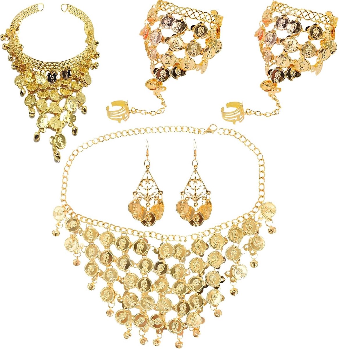 Belly Dance Kostuum Set met 6 Stukken, Vintage Munt Sieraden, Bohemian Oorbellen en Kettingen, Perfect voor Dans en Feestjes