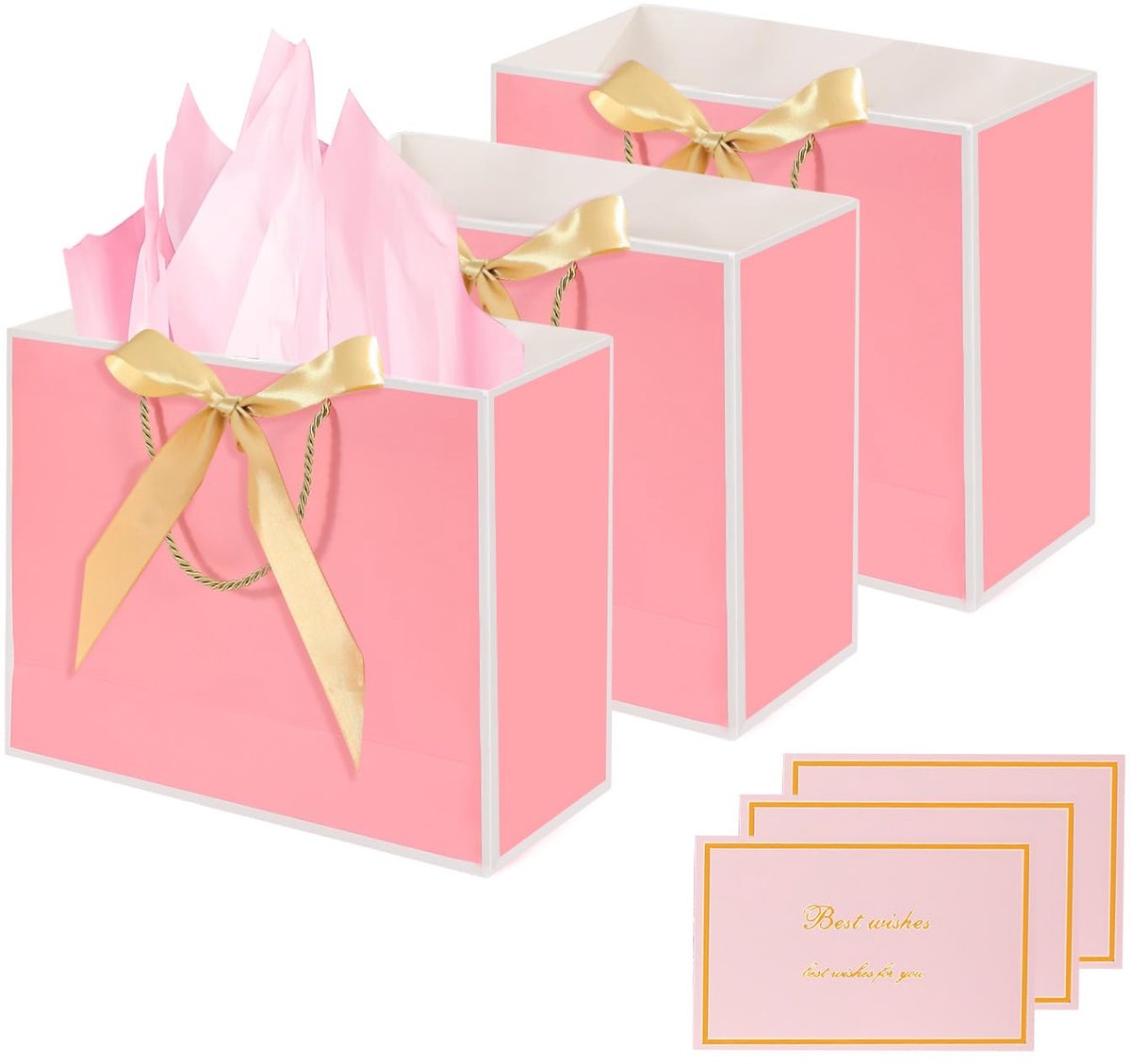 Geschenkzakjes, 3 stuks 32 cm grote geschenkzak met lint en 3 wenskaarten 9 tissuepapier, papieren geschenkzakken met handgrepen voor vrouwen verjaardag bruiloft feest (roze-wit)