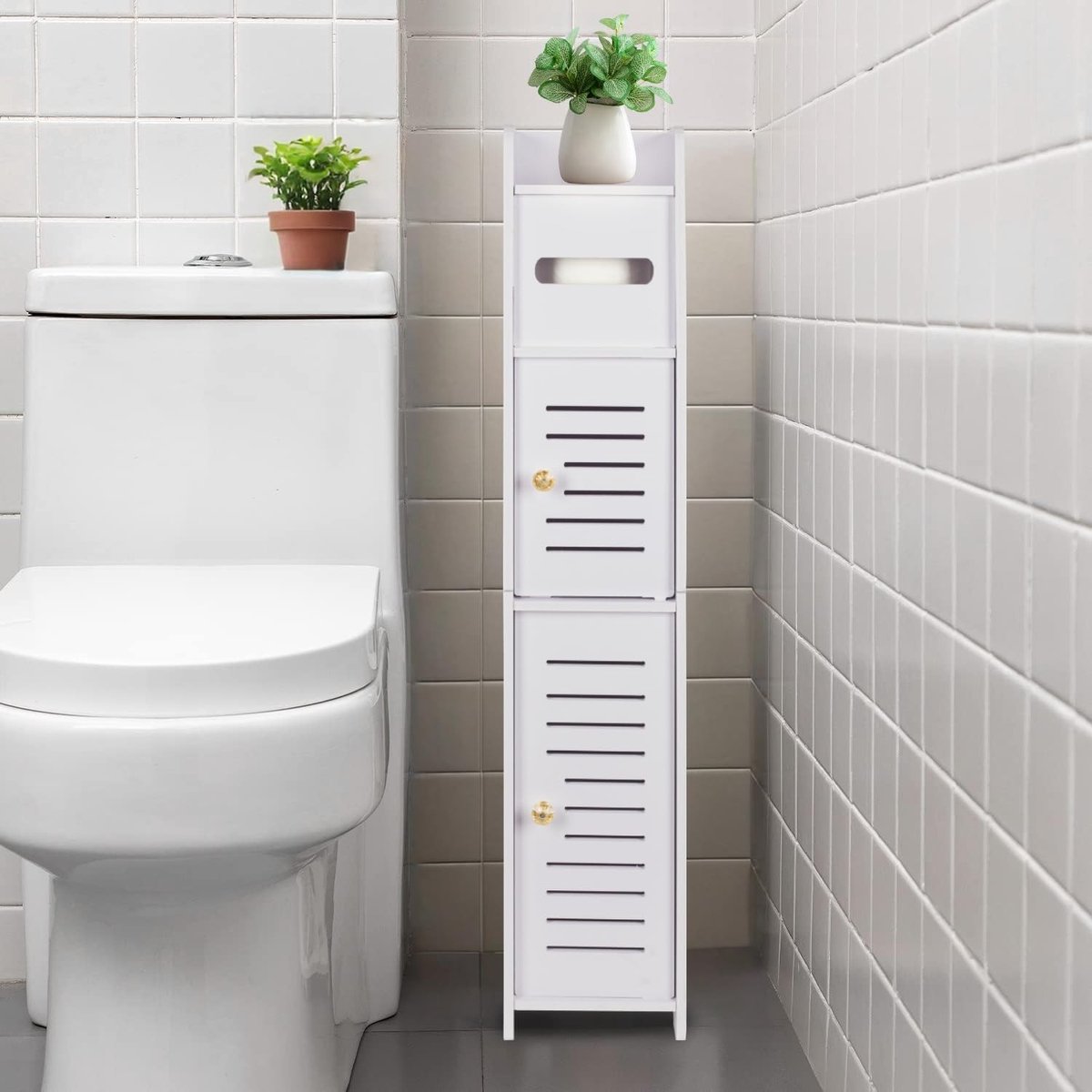Toiletpapierhouder en Boven Toilet Opbergkast voor Badkamer, Smalle Hoekplank voor Kleine Ruimtes, Badkameropslag met Deurtjes voor Witte Interieur