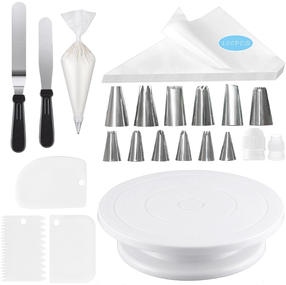 Taartdecoratieset 120 Stuks, Taartglazuurset met 360° Draaibare Taartstandaard, 100 Wegwerp Spuitzakken en 12 Spuitmondjes, 3 Glazuur Gladstrijker Schraper Set, 2 Taartspatels en 2