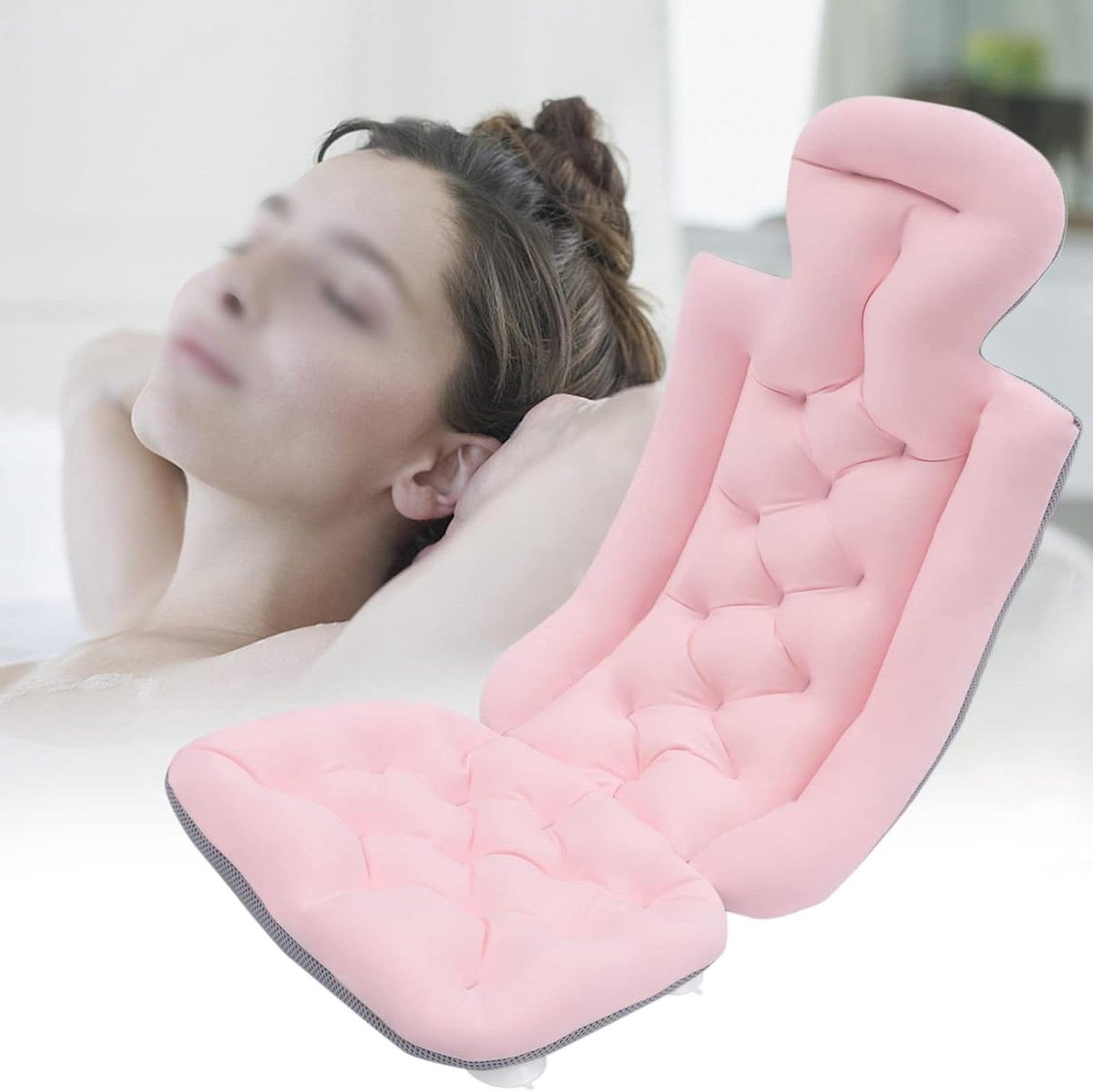Badkussen voor lichaam - Nekkussen bad - Ontspannen in bad - 10 zuignappen - 113 x 40 cm - Roze