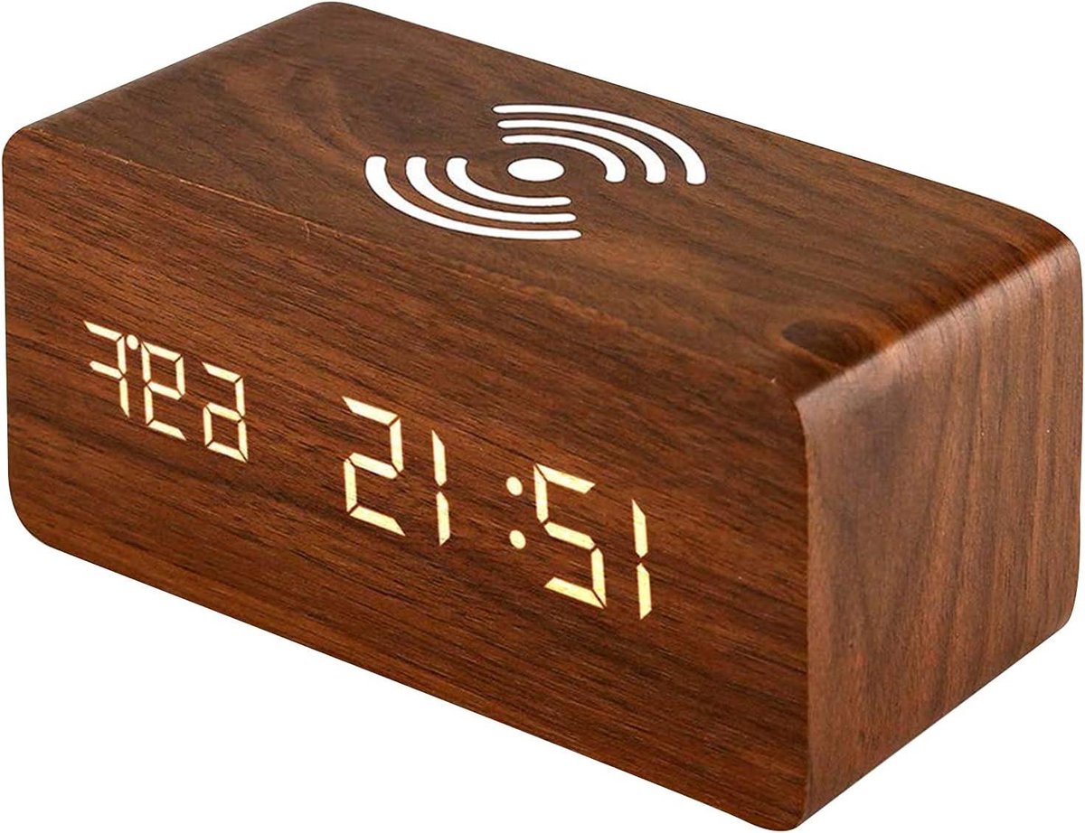 Digitale Wekker - Bureauklok - Opladen & Tijd - Draadloze Lader - 16x7x7cm - Houtkleur