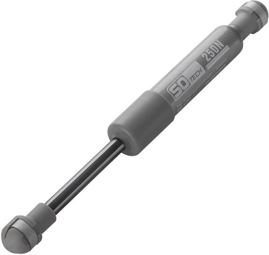 Een SOTECH gasdrukdemper, 250 N, grijs met zilveren staaf.