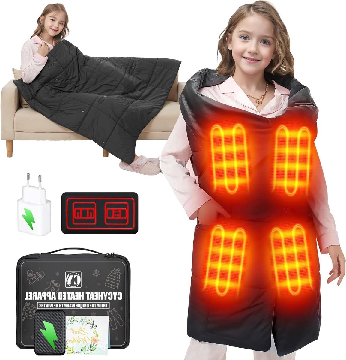 Elektrische deken - Verwarmde deken - Warmte en comfort - Draadloos met accu - 8 warmtezones - Grijs