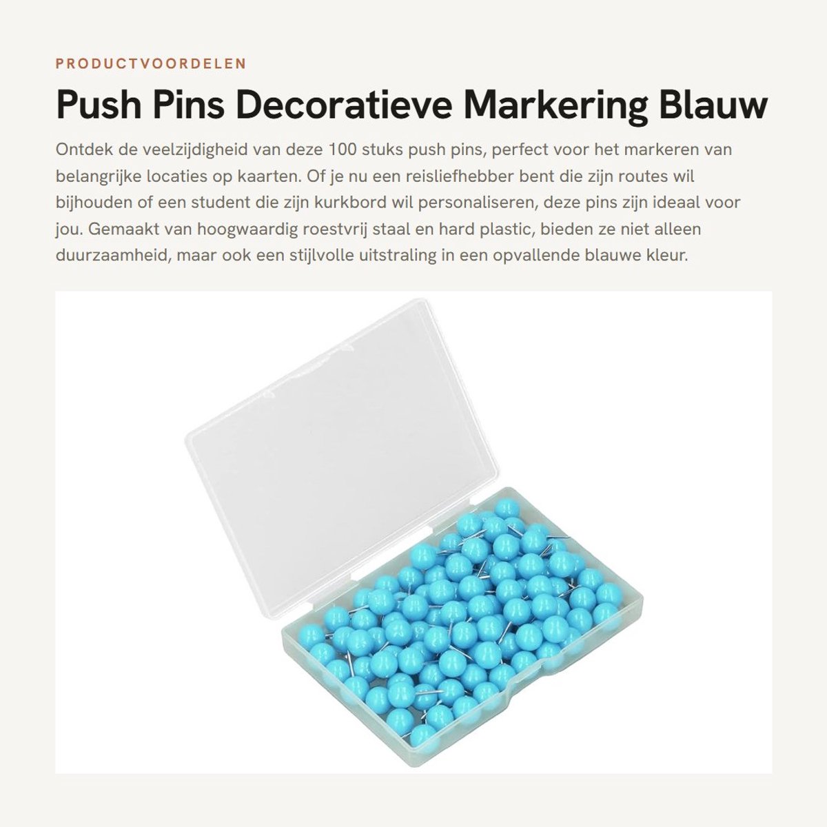 Dailygoods- Push Pins 100 Stuks - Decoratieve Markering Pins - Staal/Plastic - Voor Kurk/Prikborden - Transparante Opbergkoffer - 9.5x20mm - Priknagels