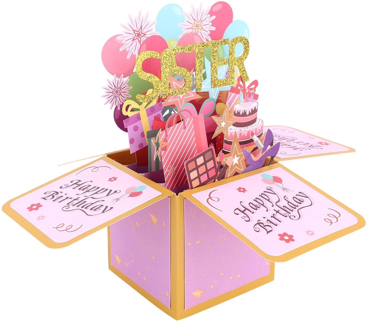 Dailygoods - Gelukkige Verjaardag Pop-Upkaart voor Zus, Roze Gepersonaliseerde 3D-Verjaardagskaart met Envelop Creatief Cadeau-Idee voor Zus