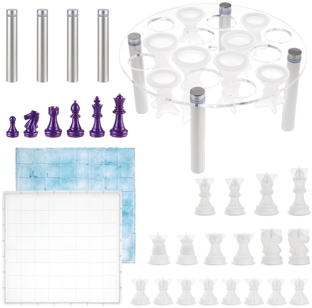 Dailygoods- Schaakset Doe-Het-Zelf - 1 Ronde Schaakfiguurhouder - 1 Schaakbordvorm - 16 Siliconen Vormen - Milieuvriendelijk en Veilig - Bordspel