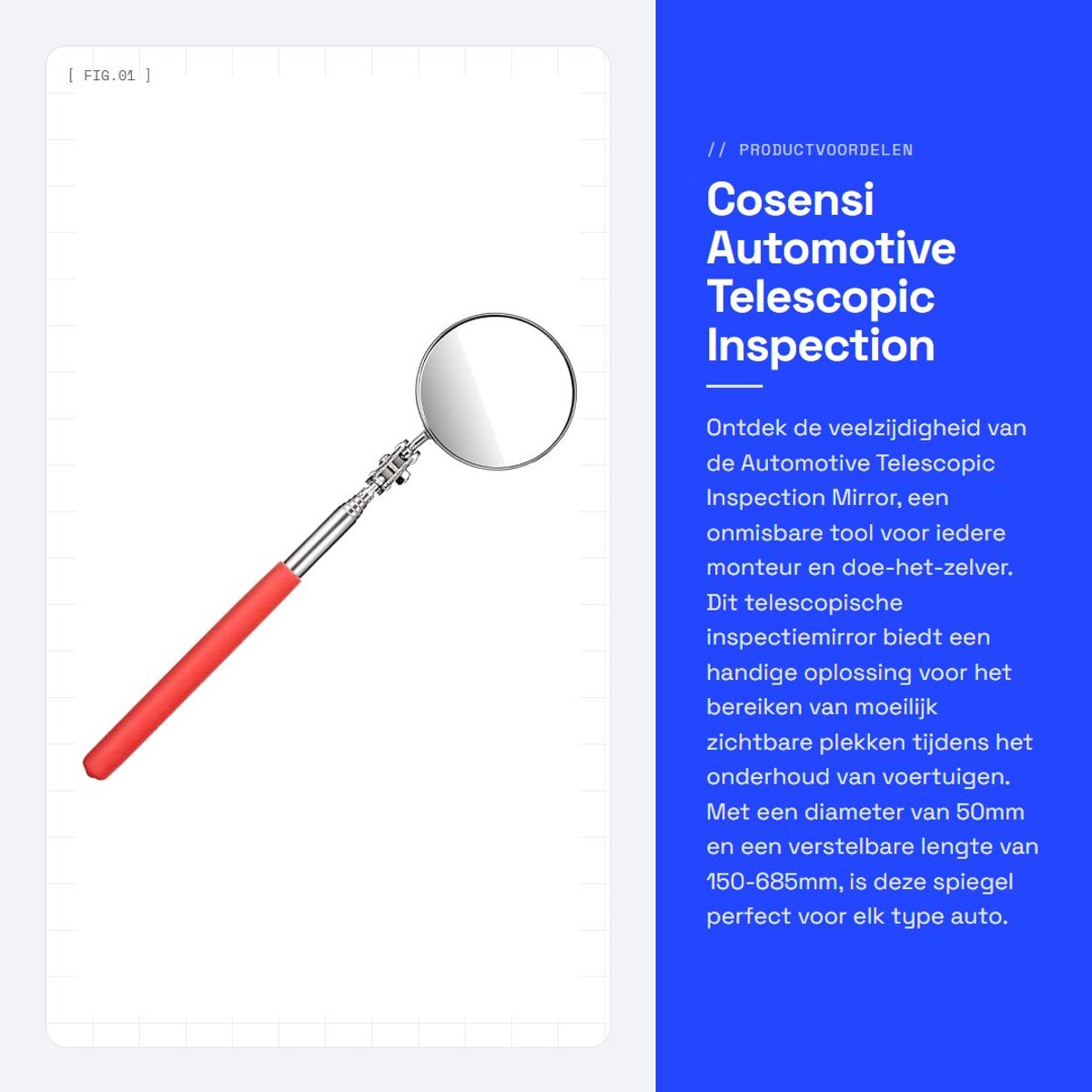 Dailygoods- Inspectiemirror 150-685mm - Verstelbare Handspiegel - Roestvrij Stalen Beugel - Opvouwbaar - 360 Graden Zicht - Ideaal voor Onderhoud