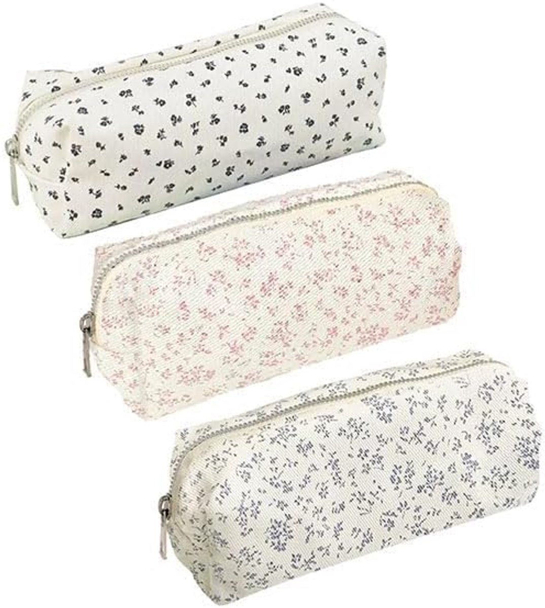 Thijox - Bloem Etui 3 Stuks Roze Blauw - Leuke Stof Etui met Grote Capaciteit voor Meisjes - Draagbare Make-up Tas en Student Briefpapier Organizer
