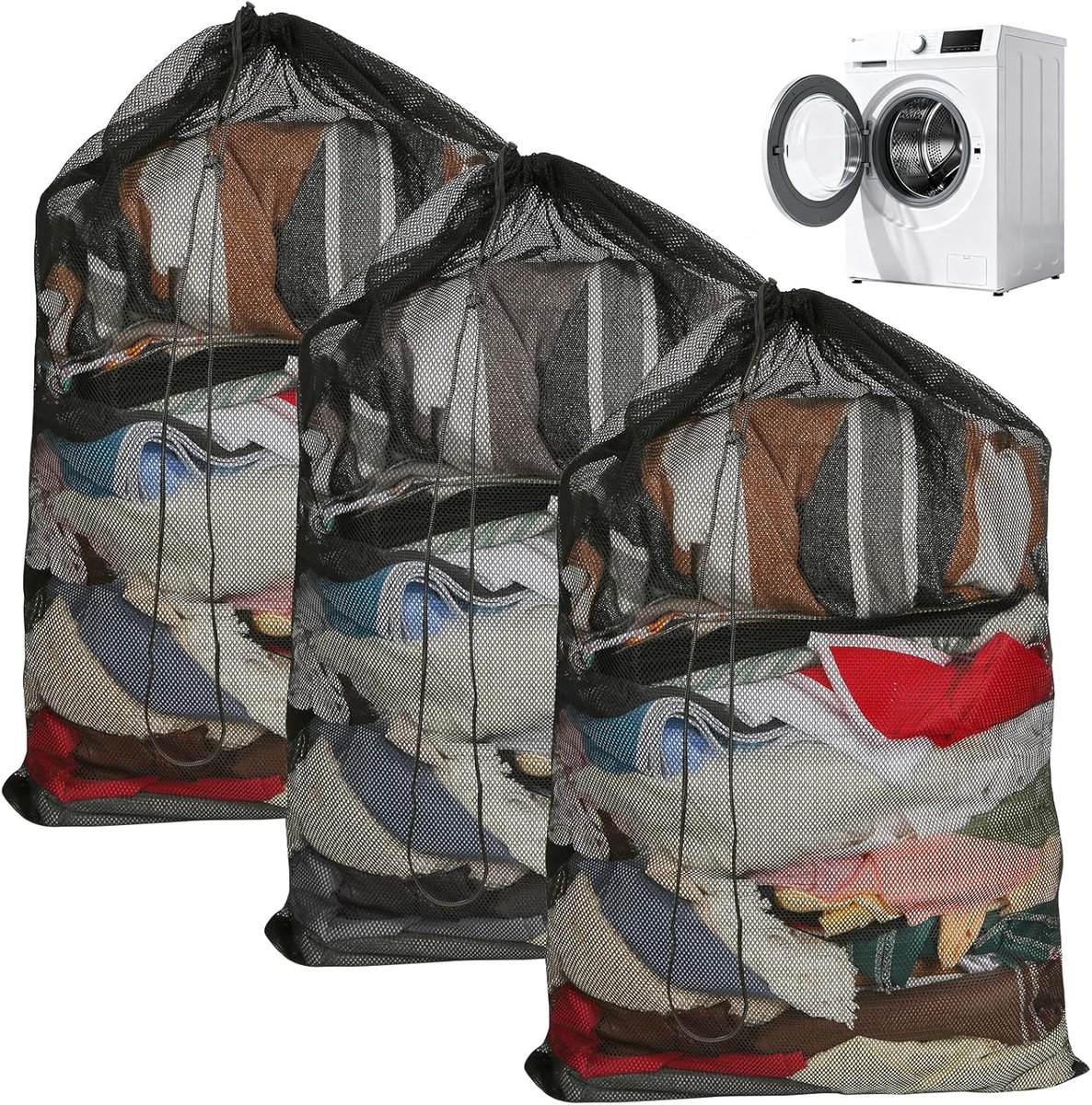 Thijox - 3 Stuks Grote Waszakken 60x90 cm - Fijnmazige Waszakken met Koordstopper voor Kleding, Dekbedovertrekken, Speelgoedopslag, Reizen en Slaapzaa