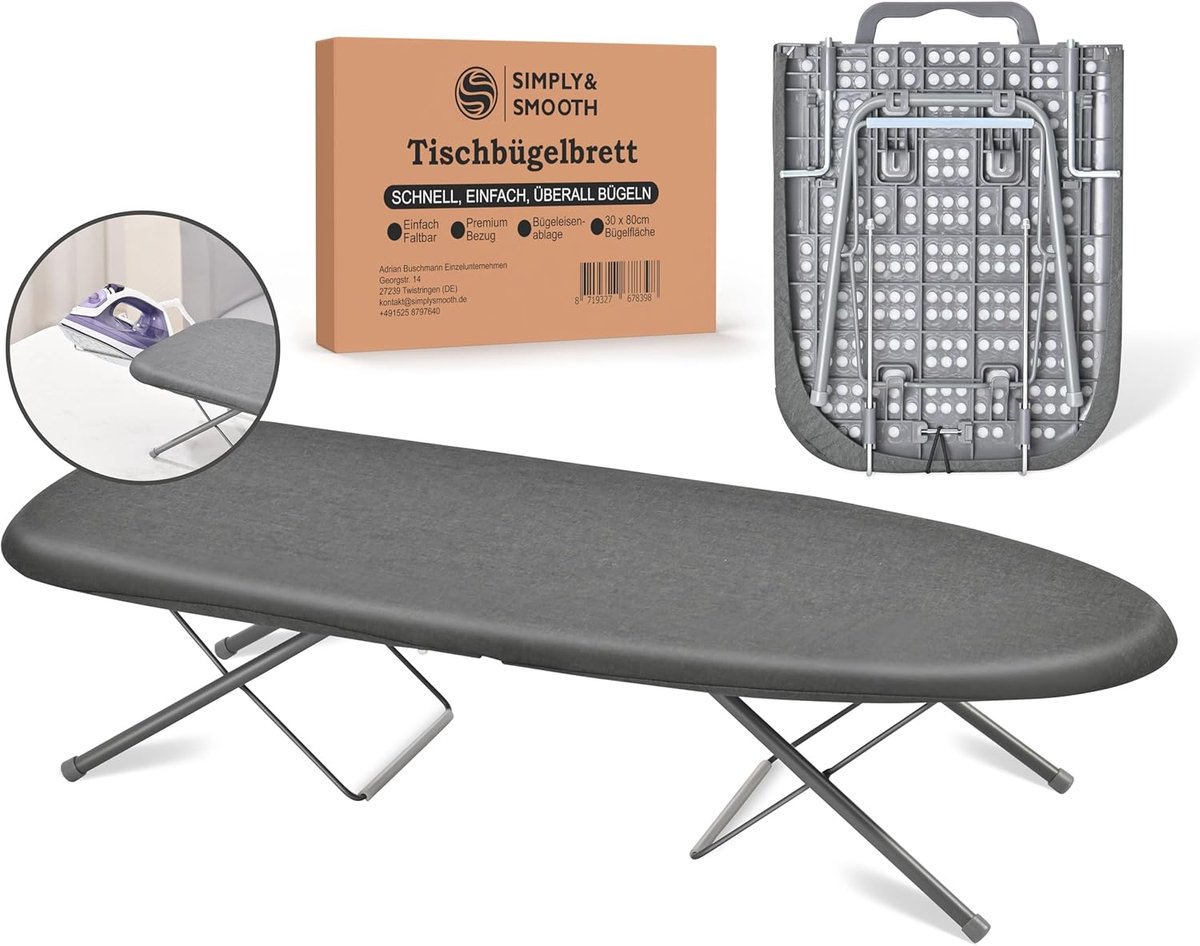 SnelShoppen - Mini Strijkplank 77 x 30 cm - Vouwbare Tafel Strijkplank met Draaghandvat, Rubber Voeten en Hoogwaardige Bekleding voor Thuis, Camping e