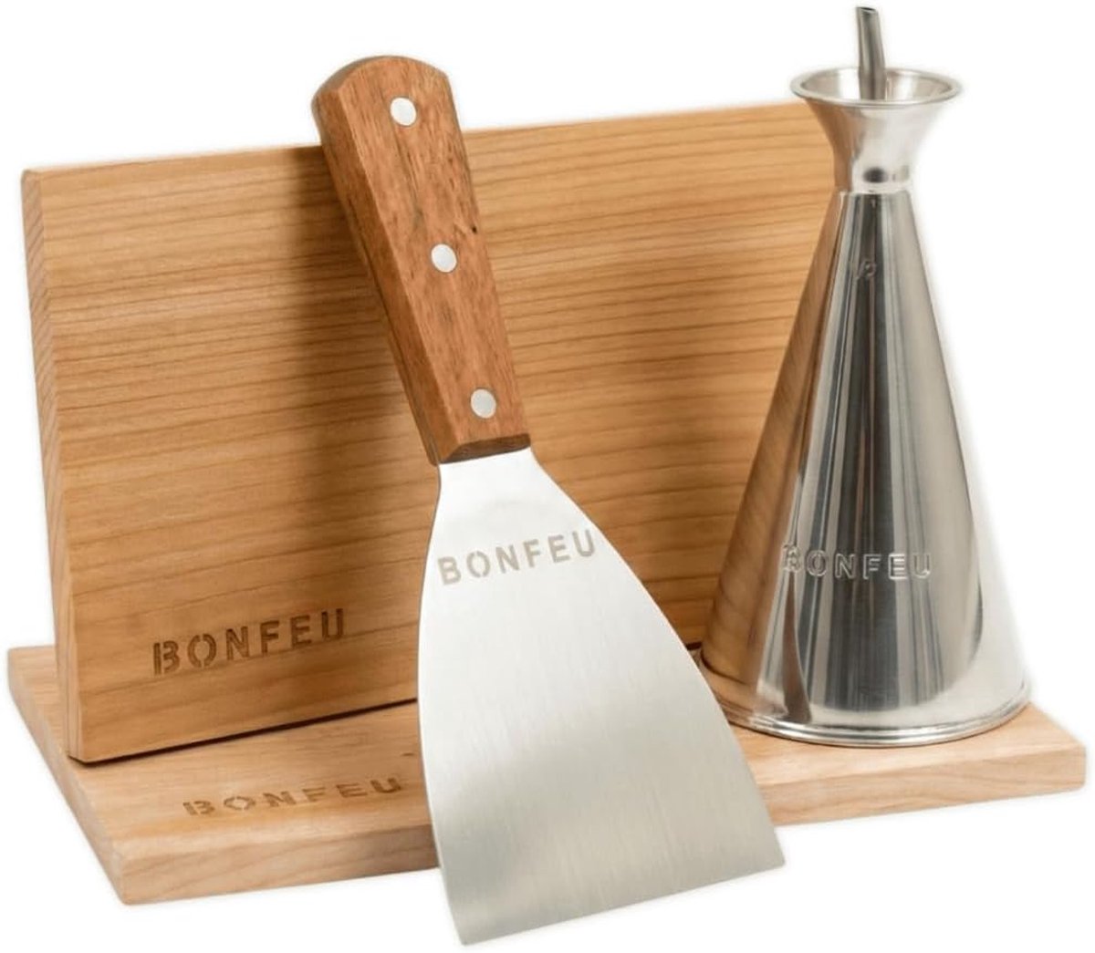 Thijox - Kookset BBQ Accessoires - Cederhouten Rookplanken, Oliekan en Spatel - Perfect voor Plancha, Barbecue en Buiten Koken - Compleet voor Tuin en