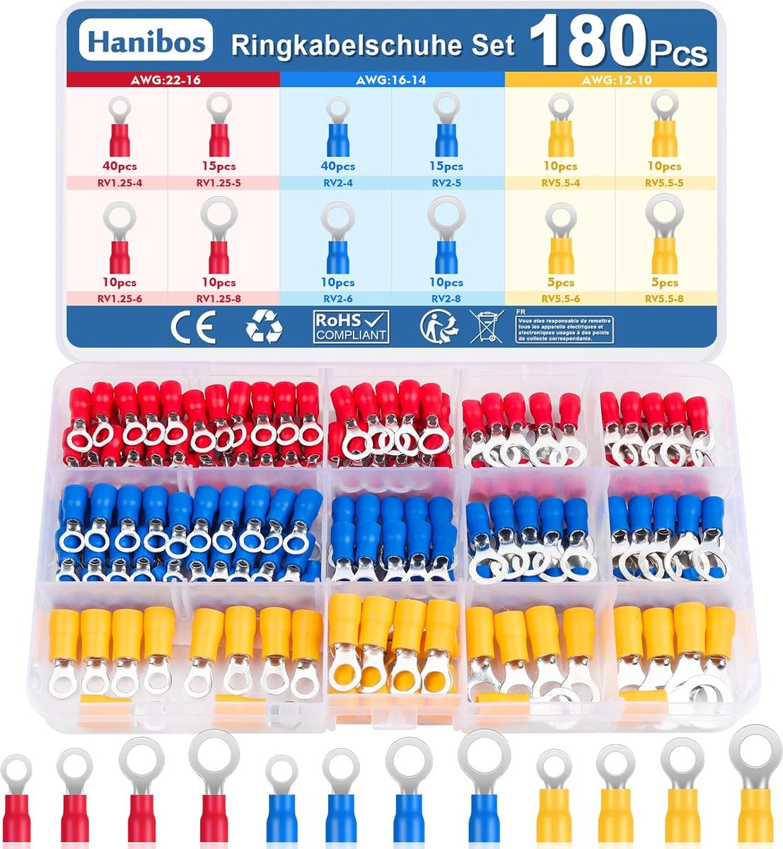 Thijox - 180 stuks Ringkabelschoenen Set 0,5-6,0 mm², Deels Geïsoleerde Knelverbindingen M4/M5/M6/M8, 12 Maten voor Garage, Auto-onderdelen, Monteurs