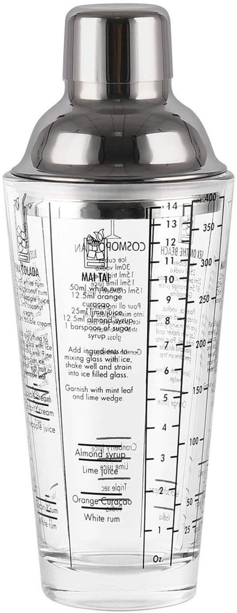 Dailygoods - Cocktailshaker, 400 ml roestvrijstalen glazen cocktailshaker, martinishaker, schudbeker + mixer met zeef, cocktailmixer, baraccessoires