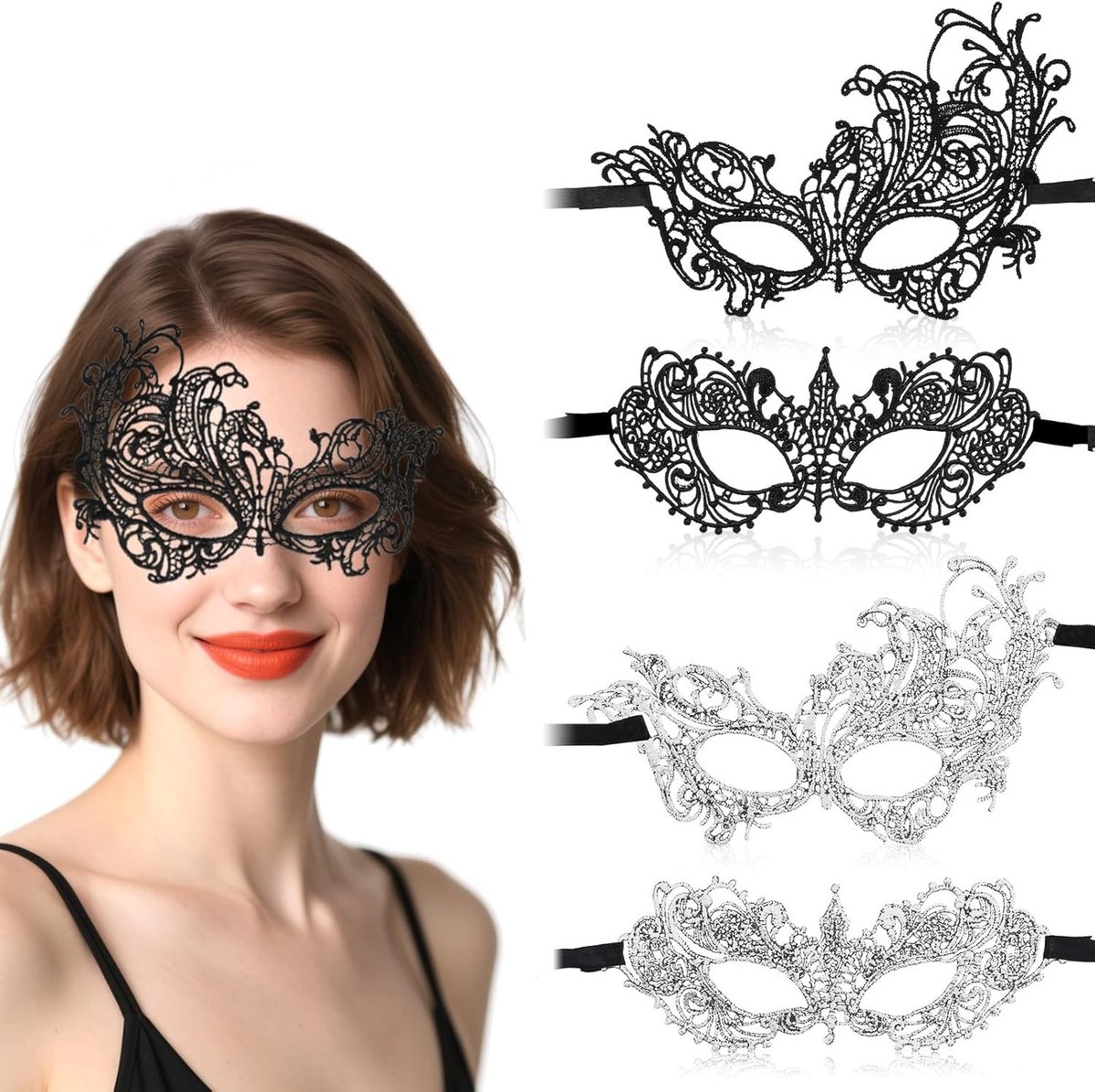 Set van 4 Elegante Kanten Maskers voor Vrouwen - Venetiaanse Maskers voor Halloween, Carnaval en Feestjes