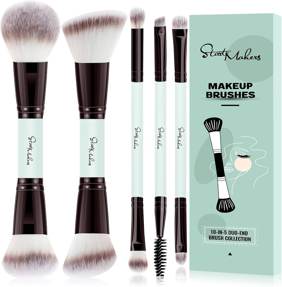 Thijox - 5-delige Make-Up Borstelset met 10-in-5 Duo-End Pinsel voor Foundation, Puder, Contour, Lidschatten, Vegan, Reisvriendelijk, Helles Cyan met