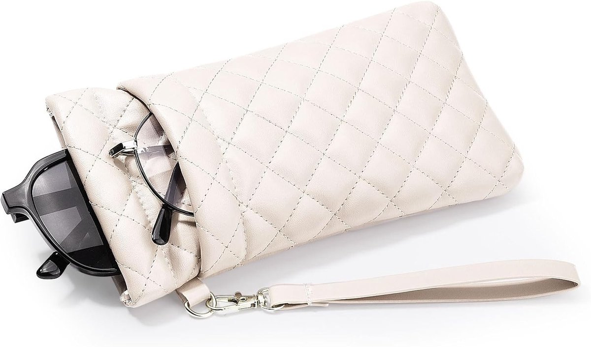 Dubbele Bril Pouch met Draagriem, Zacht PU Leer, Grote Squeeze Top, Draagbare Zonnebril Etui met Schoonmaakdoek voor Dames en Heren, Ideaal voor Reizen en Bescherming