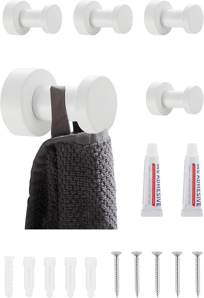 Thijox - Wandhaken Set van 5 - Roestvrijstalen Handdoekhaken voor Badkamer & Keuken - Wit - Zelfklevend of Wandmontage - Ideaal voor Handdoeken, Kledi