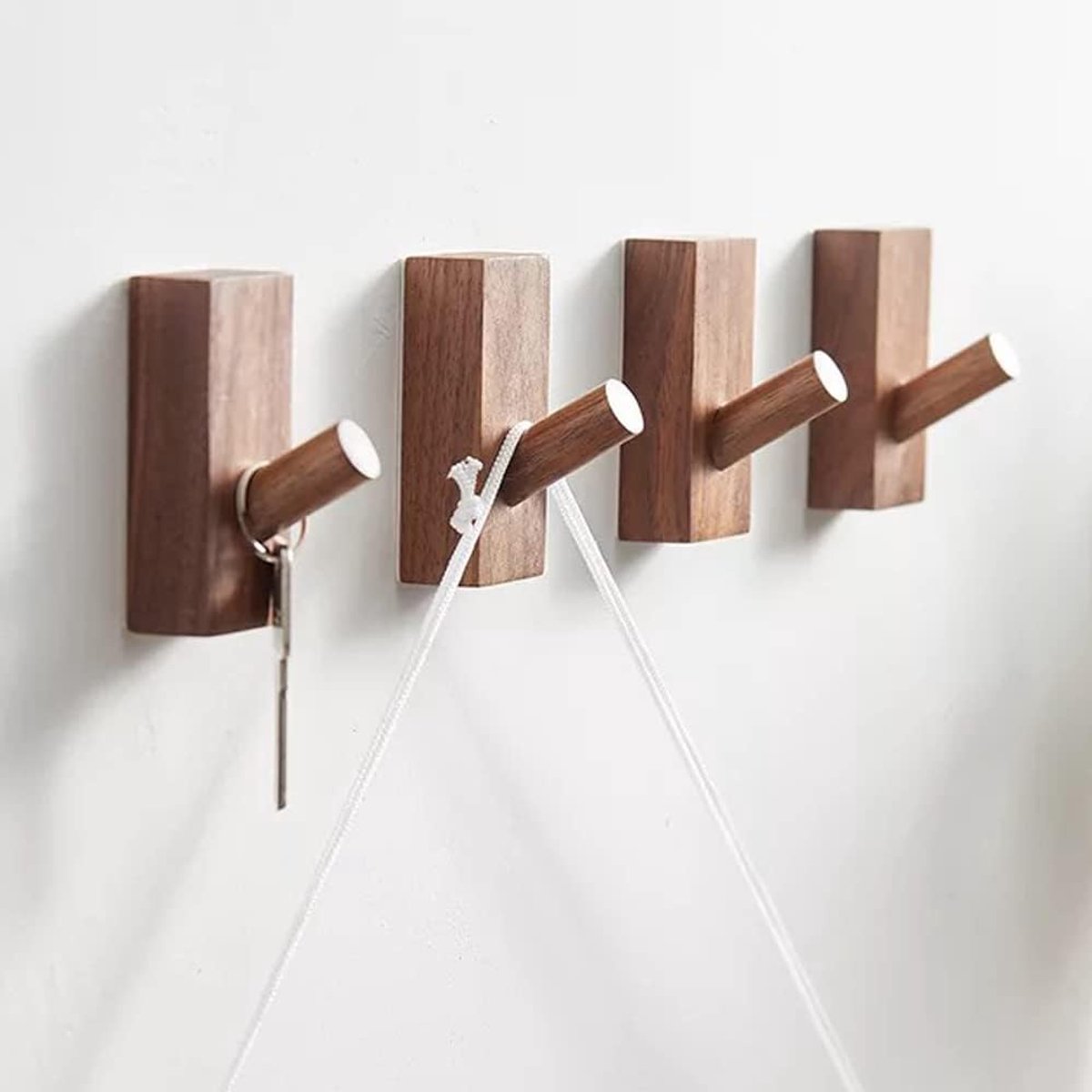 Thijox - 4 Stuks Zelfklevende Wandhaken van Hout, Kledinghaken, Decoratieve Garderobehaken, Vintage Houten Haken, Zwarte Walnoot-Rechthoek, Hoedhaken