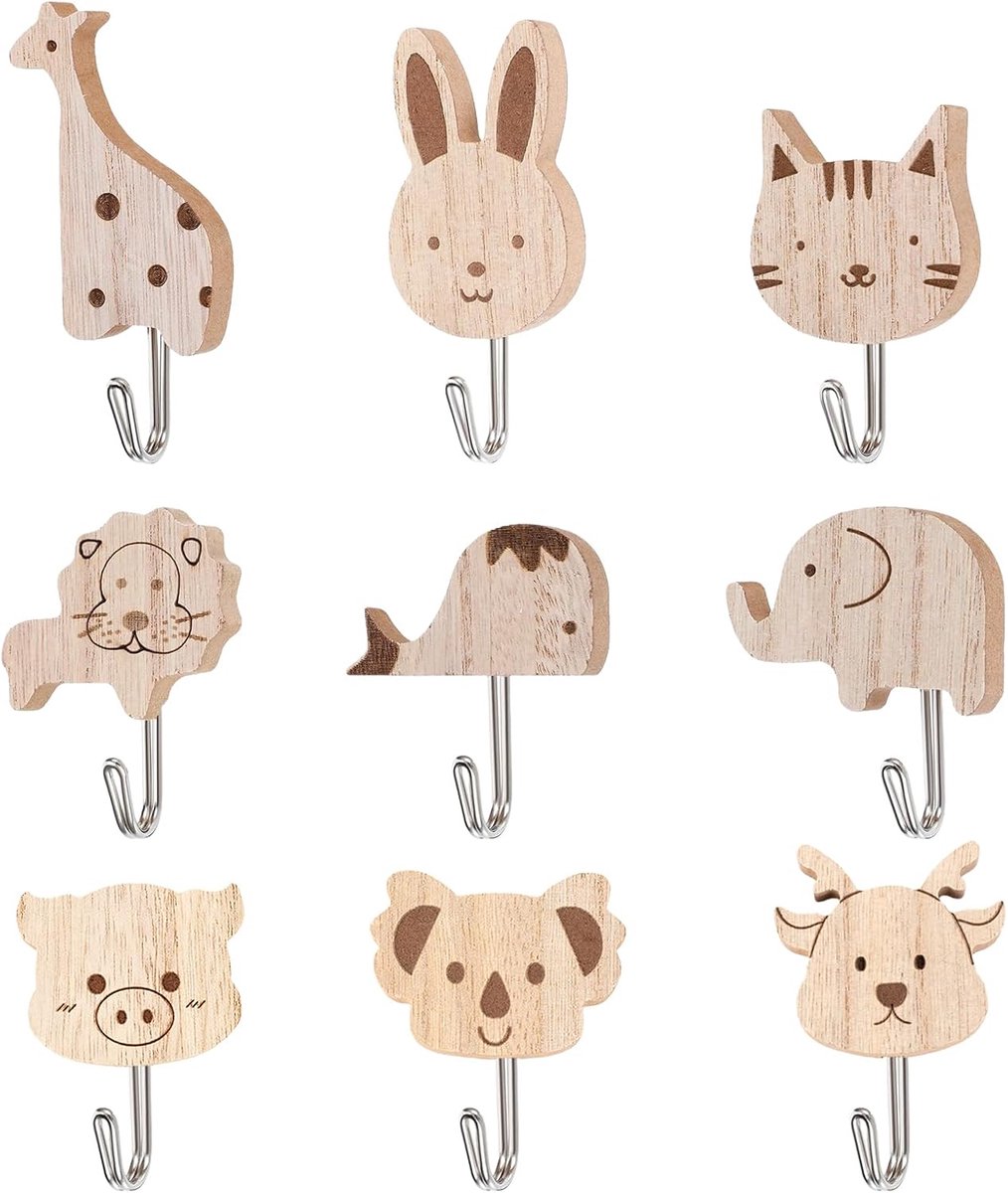 SnelShoppen - 9 Stuks Schattige Dieren Kledinghaken voor Kinderen en Volwassenen, Zelfklevende Wandhaken van Hout, Decoratieve Kapstokhaken voor Kinde