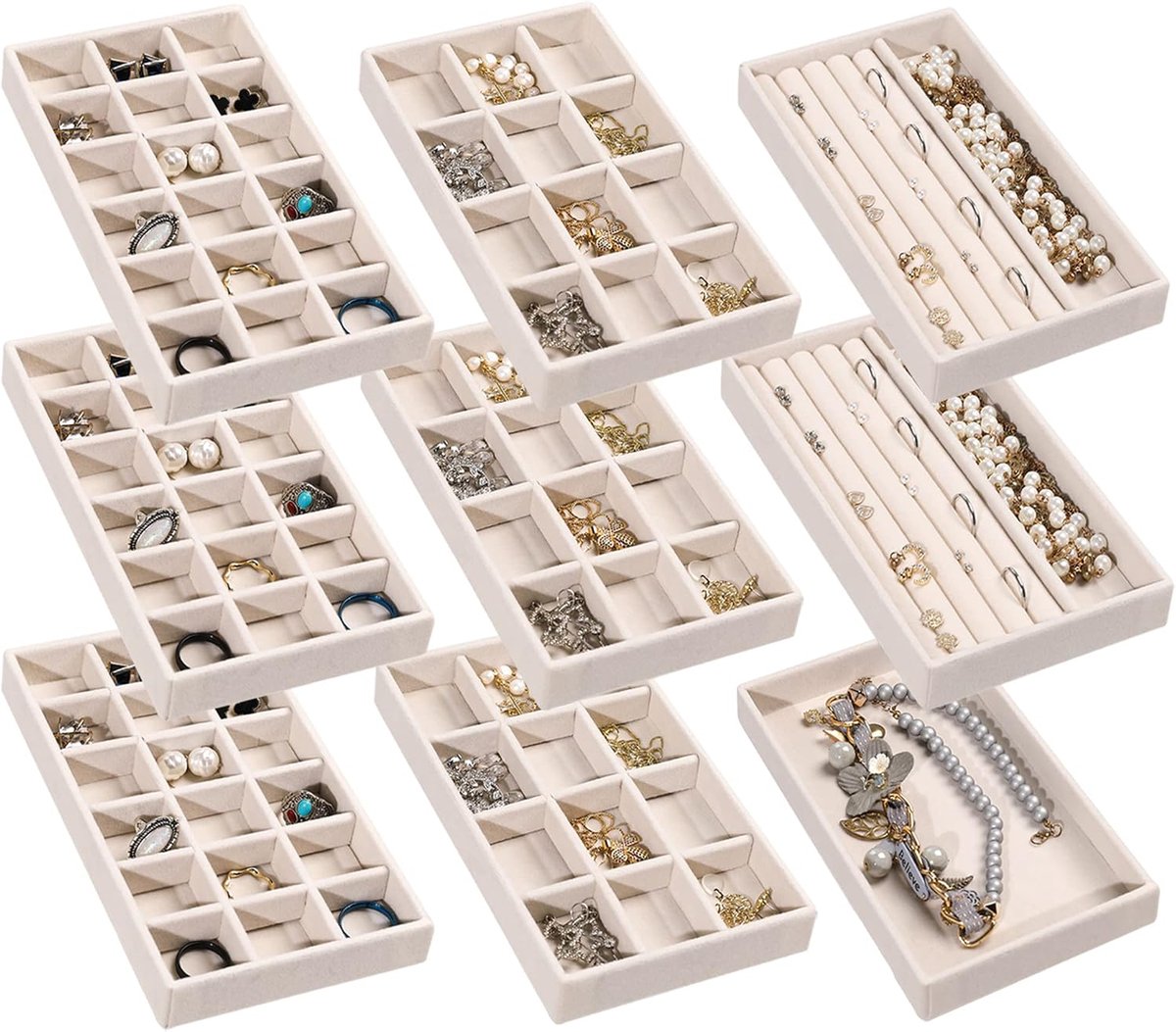 Thijox - Sieraden Organizer Tray Set van 9, Stapelbare Fluwelen Lade Inserts voor Oorbellen, Ringen en Kettingen, Beige Sieraden Opslag en Display Cas