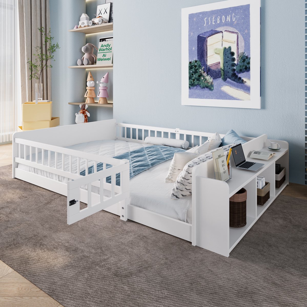 MEUNIQ Kinderbed 140x190 cm met open opbergruimte, planken, uitvalbeveiliging en openklapbare doorgang, bedframe van grenenhout en MDF, voor kinderkamer, wit