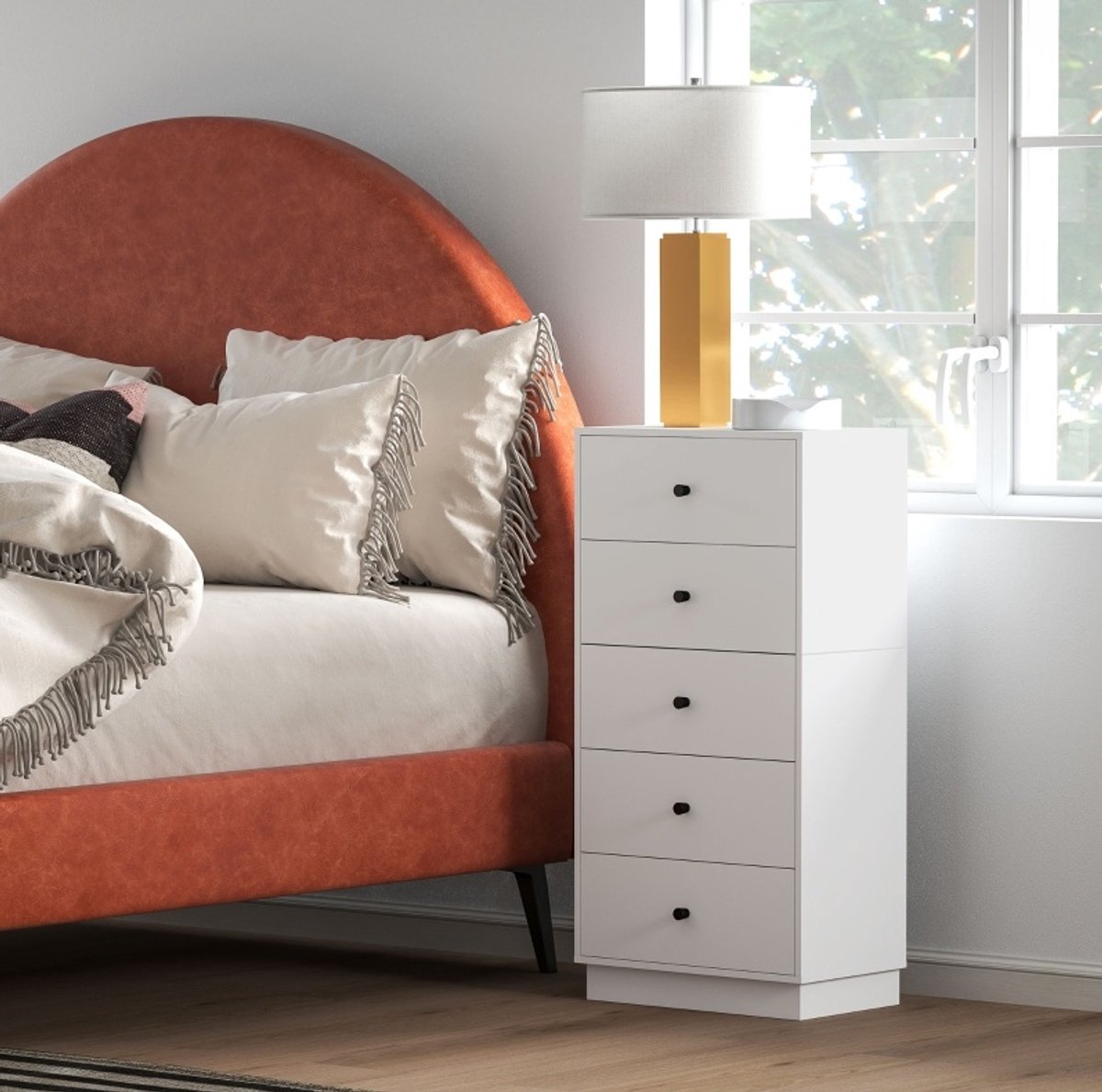 MEUNIQ dressoir met 5 lades 47 x 29 x 95 cm wit, opbergkast voor woonkamer slaapkamer of hal, ladekast met anti-kantelbescherming en bovenblad
