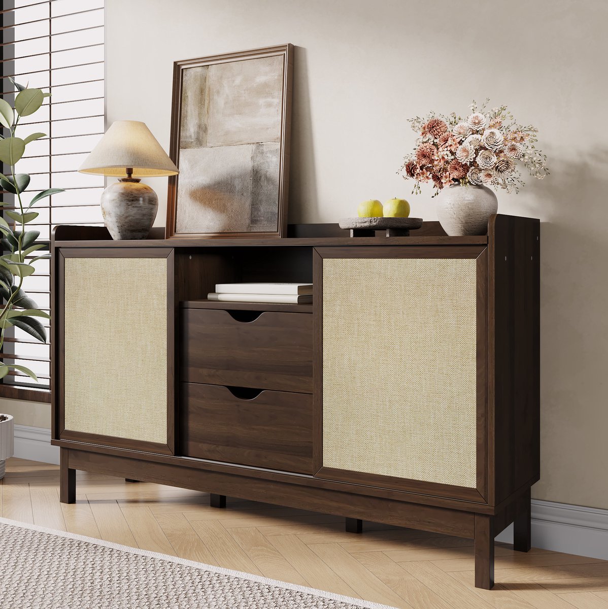 MEUNIQ dressoir 150 x 39,5 x 80 cm met schuifdeuren, 2 lades, open vakken en verstelbare planken, opbergkast voor woonkamer of eetkamer, naturel