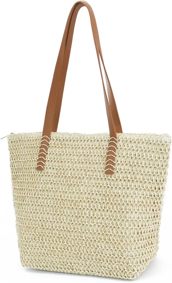 Thijox - Grote MAMUNU Stro Strandtas voor Vrouwen, Retro Geweven Handtas met Ritssluiting, Boho Casual Schoudertas voor Strand, Zwembad, Reizen, Bruin