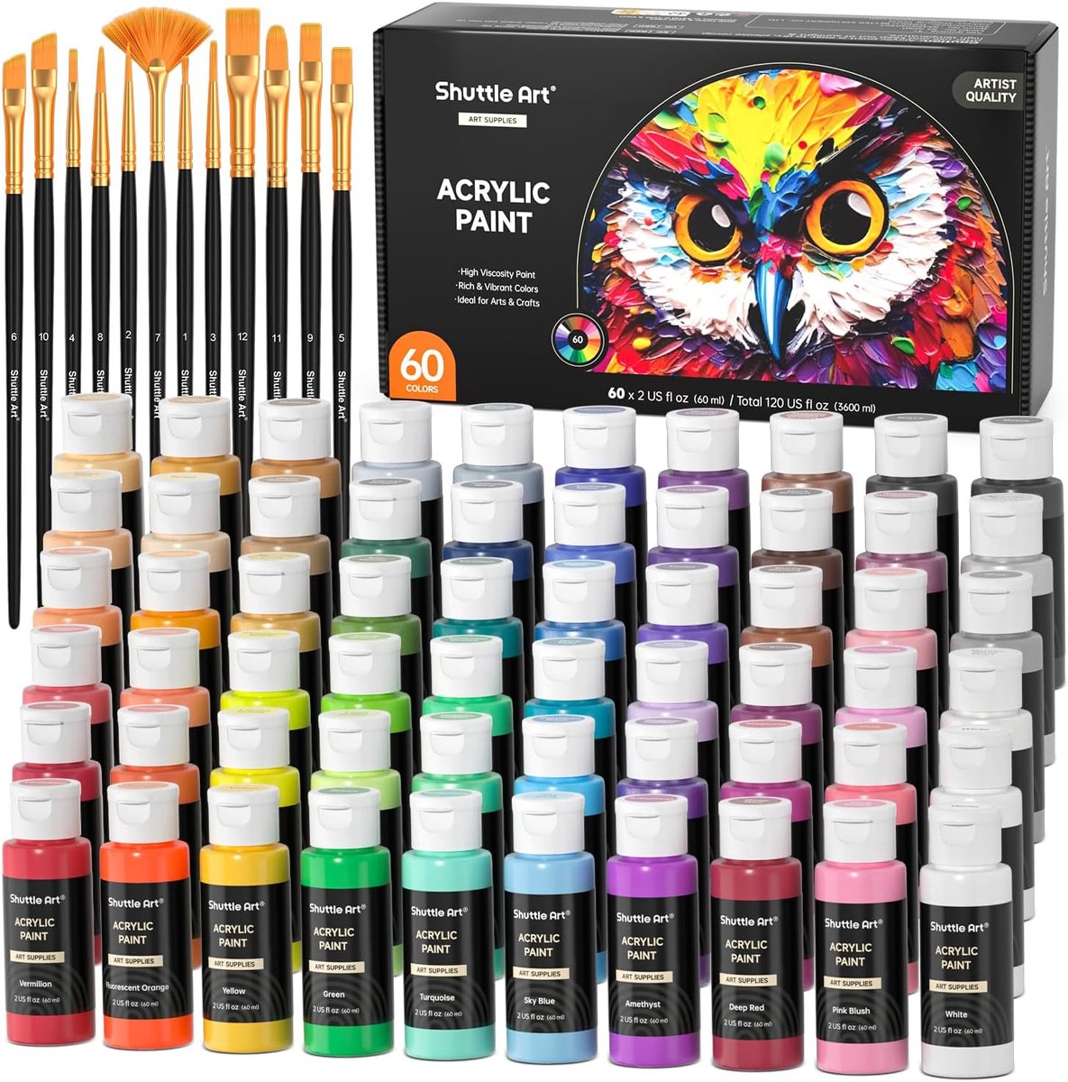 SnelShoppen - 72-delige Acrylverfset voor Kunstenaars & Beginners - 60 Kleuren Hoog Gepigmenteerde Acrylverf (60ml) met 12 Borstels - Waterdicht voor