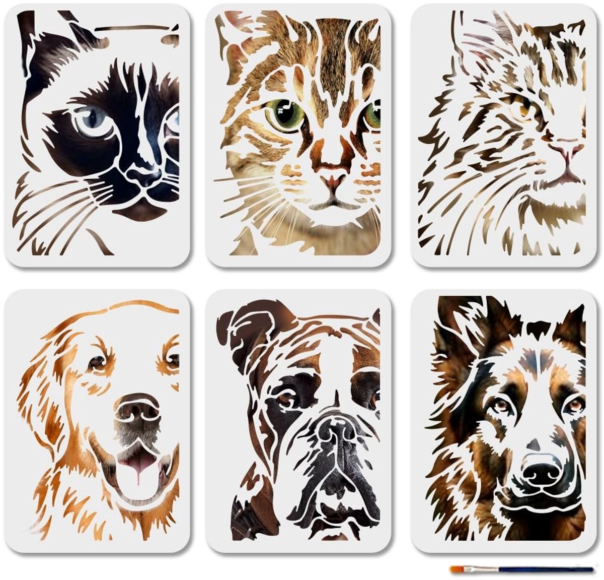 Dailygoods- Dieren Stencil 6 Stuks - Herbruikbare Kat/Hond Stencils - Schilderen Sjablonen - 21x29,7 cm - Inclusief Penseel - Kunststof Materiaal - Schilderstencils