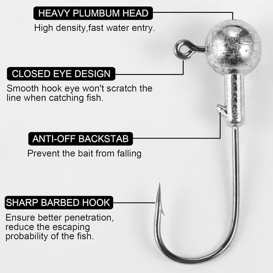 Thijox - 49 stuks loodkoppen en vishaken, scherpe stekelhaken voor forelvissen, jig head-haken 1/2/3,5/5/7/10/14 g, ideaal voor zoet en zout water, pe — afbeelding 2