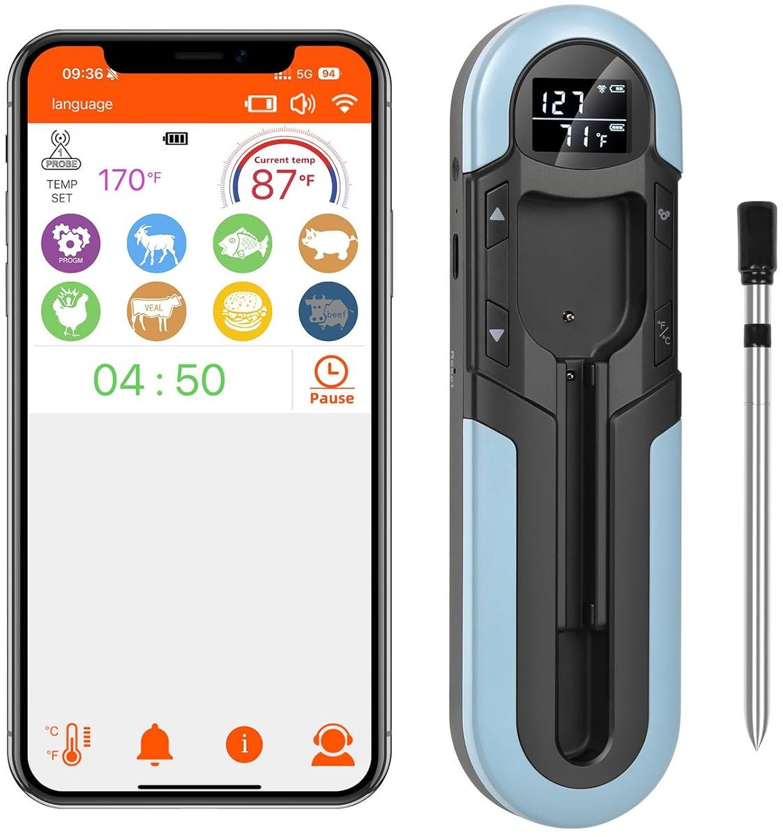 Thijox - Draadloze Vleesthermometer Grillthermometer met Bluetooth, Dubbele Sensoren, Waterdicht IP66 voor BBQ, Grill, Keuken, Perfect voor Vlees en G