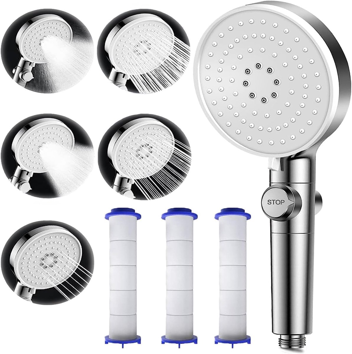 Dailygoods- Douchekop Antikalk met Filter - Waterbesparend - Hoge Druk - Handdouche met Stopknop - 5 Straalsoorten - Vervangbaar PP-katoenen Filter