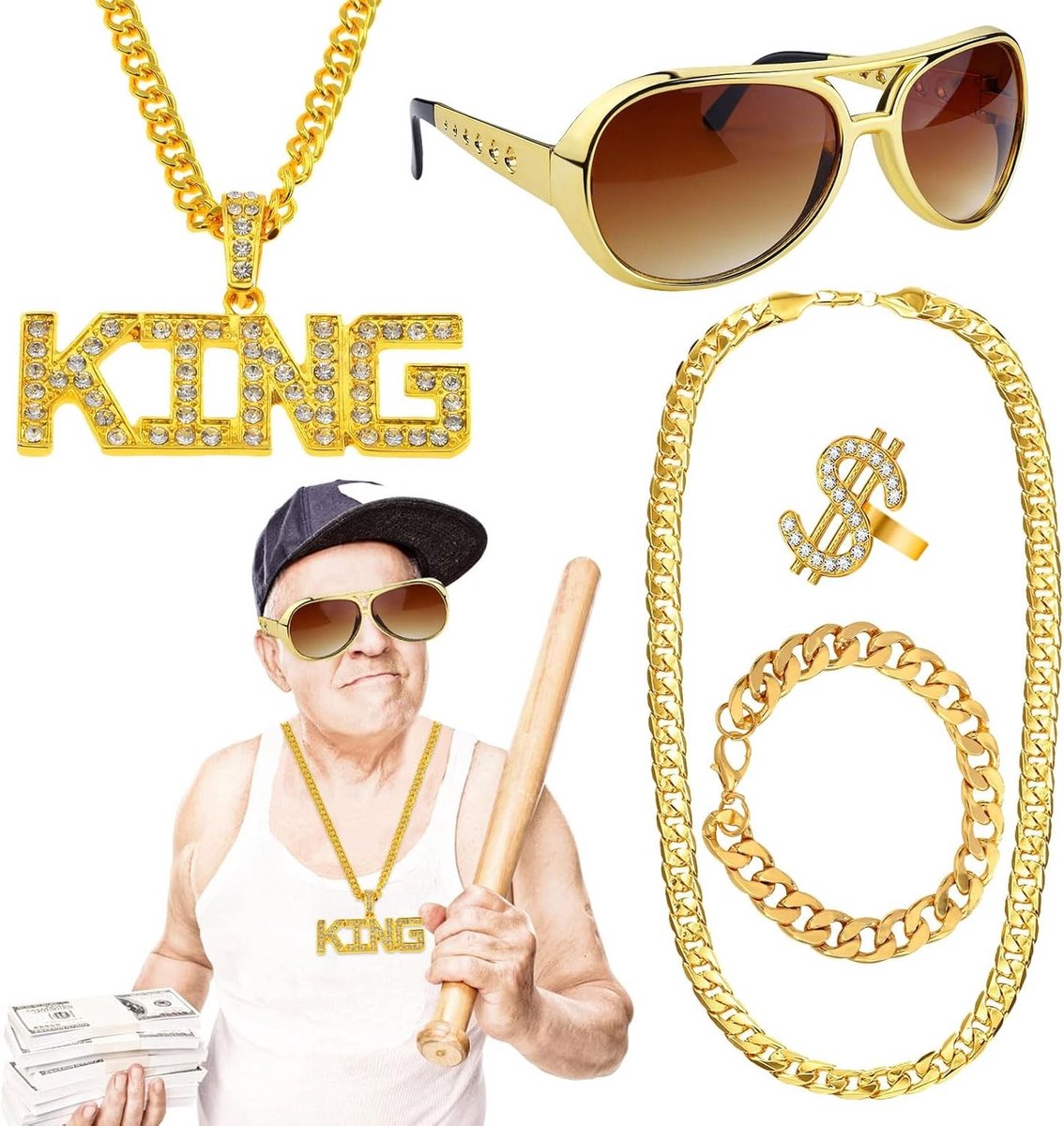 Gouden King Sign Ketting voor Mannen - Perfect voor Hip Hop, Punk en 80s/90s Themafeesten, Unieke Kostuumaccessoires