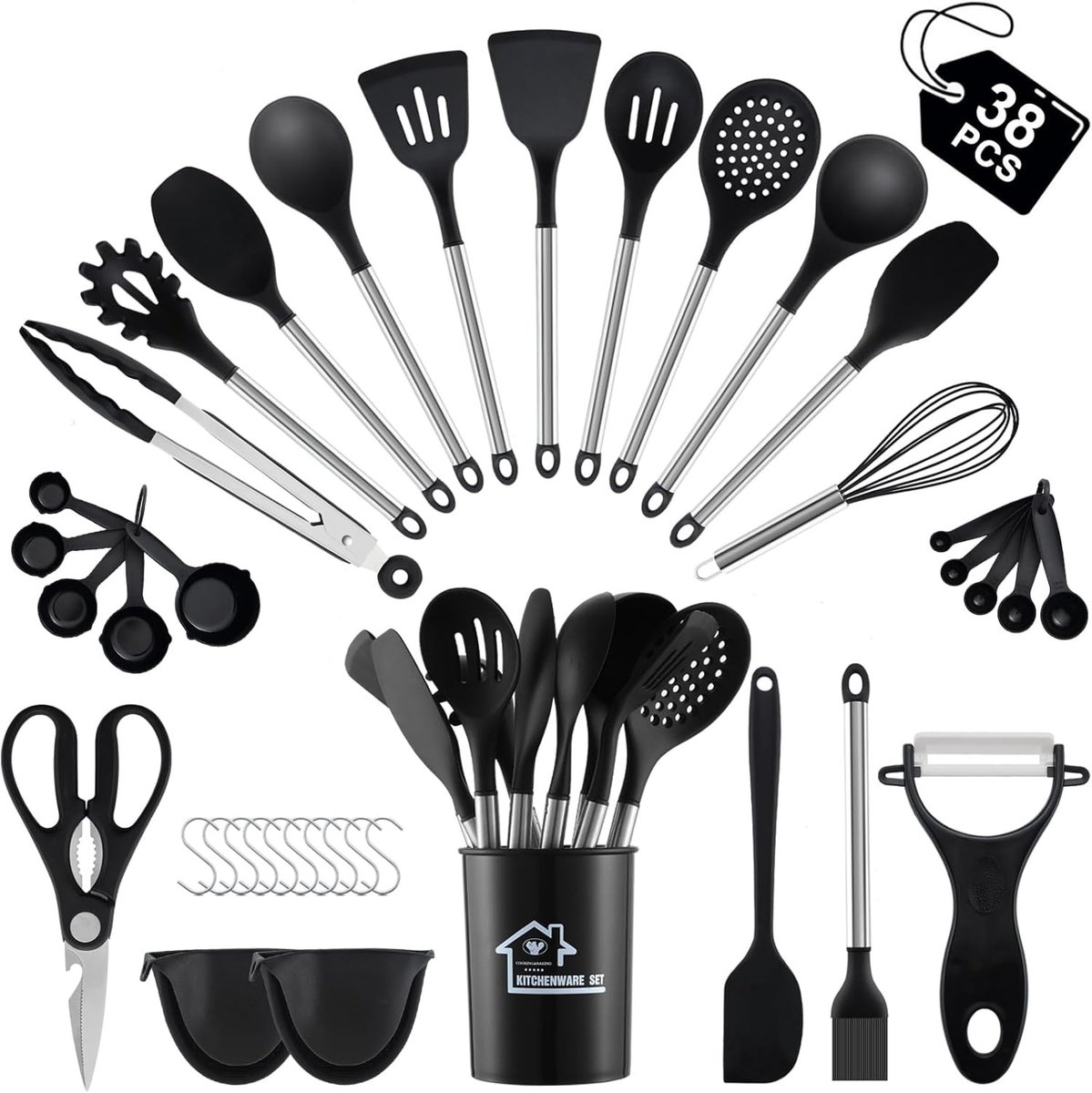 Complete Set van 38 Keukenhulpmiddelen met Spatel, Maatlepels en Houder - Hittebestendige Silicone en RVS Handvatten voor een Efficiënte Keukenervaring