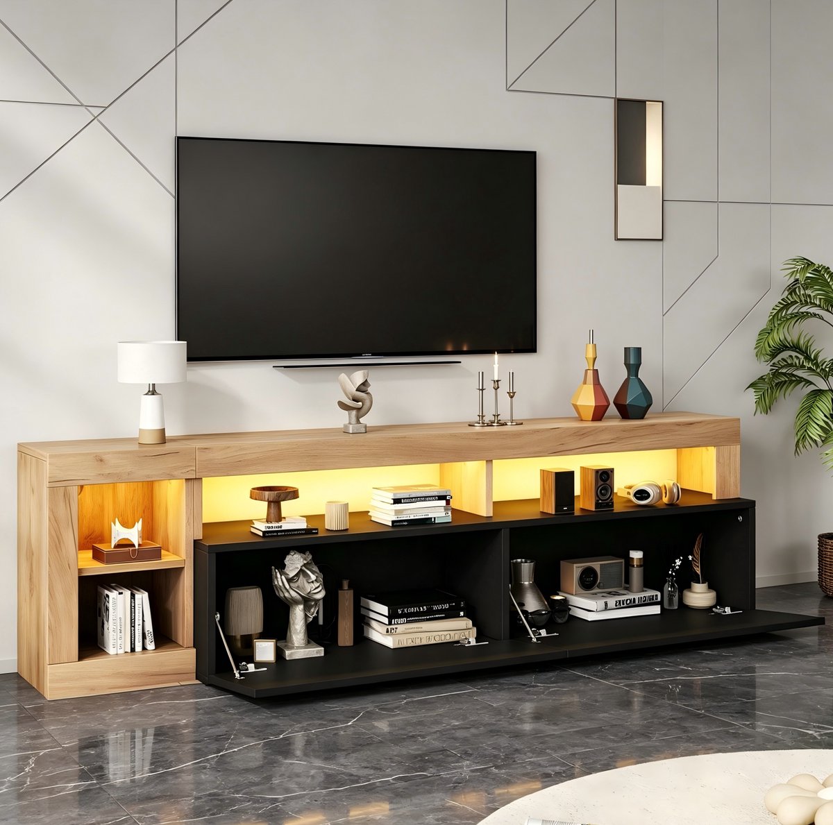 FloraGrace Dressoir - TV-Meubel Met LED-Verlichting En Klepdeuren - Voor Woonkamer En Slaapkamer - Spaanplaat - 184x42x58 Cm - Zwart Hout