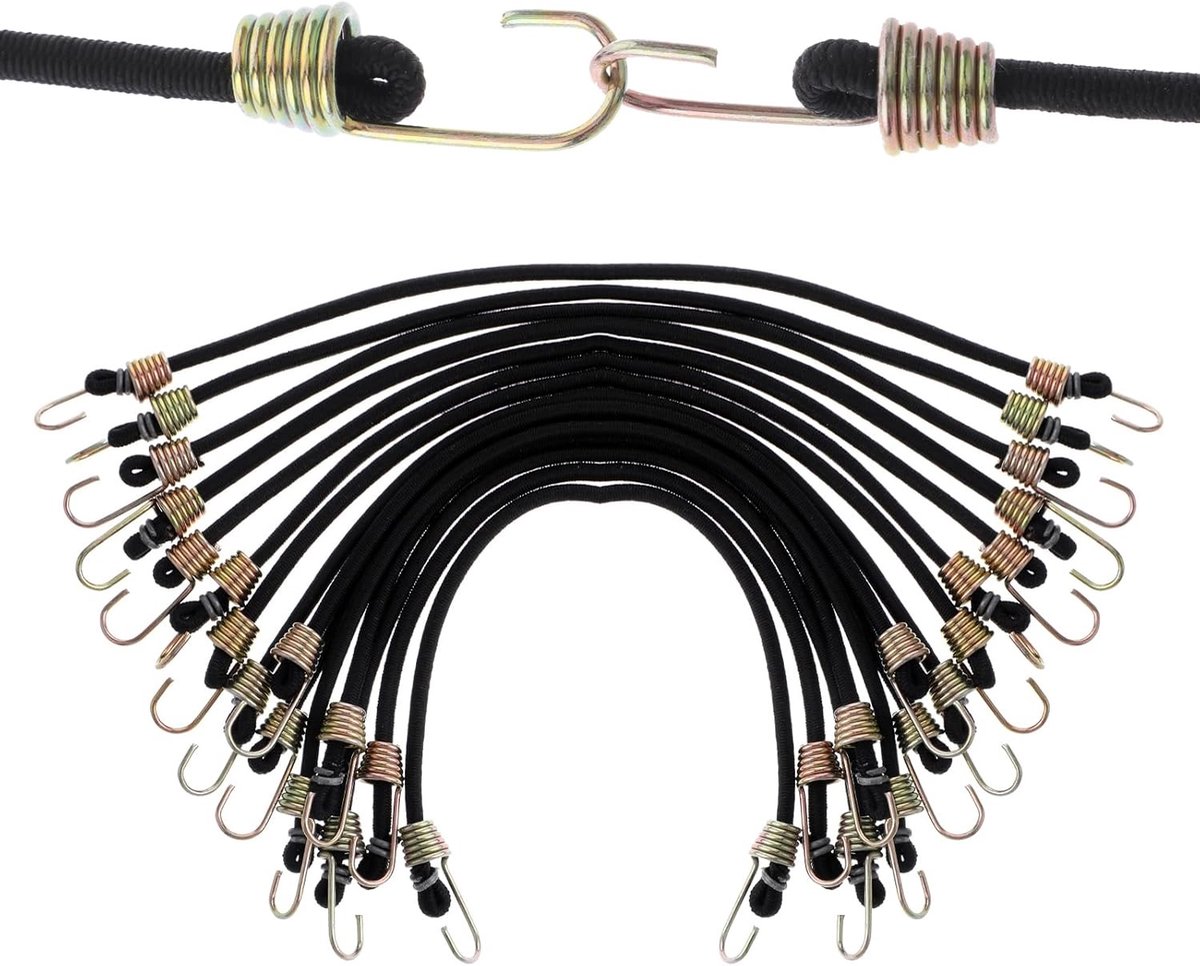Set van 15 Rubber Bungee Touwen met Metalen Haken, 10 Inch Spanning voor Lading, Ideaal voor Fietsen, Tenten en Zeilen
